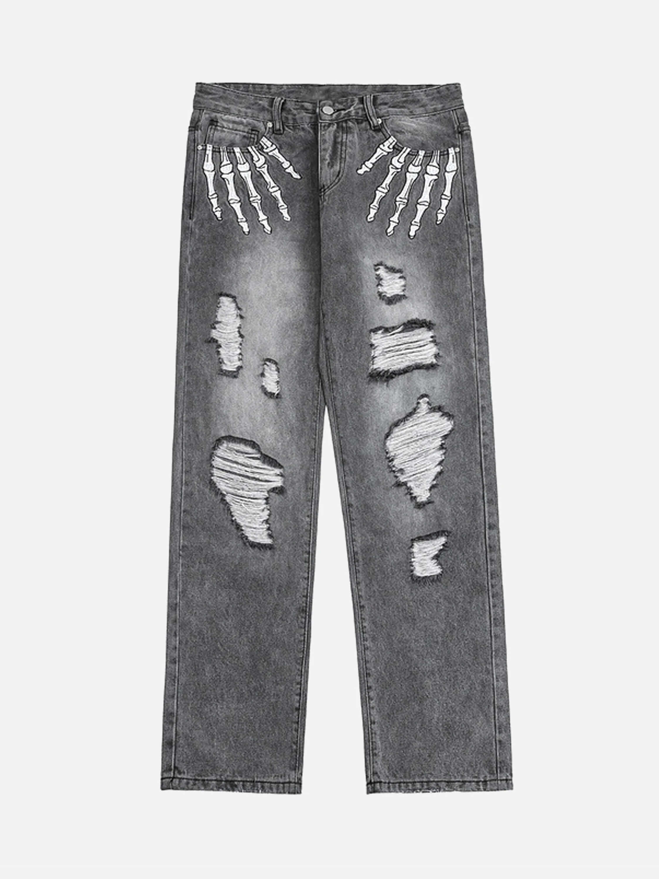 Shredded Skull Finger Print Straight-leg Jeans-2221