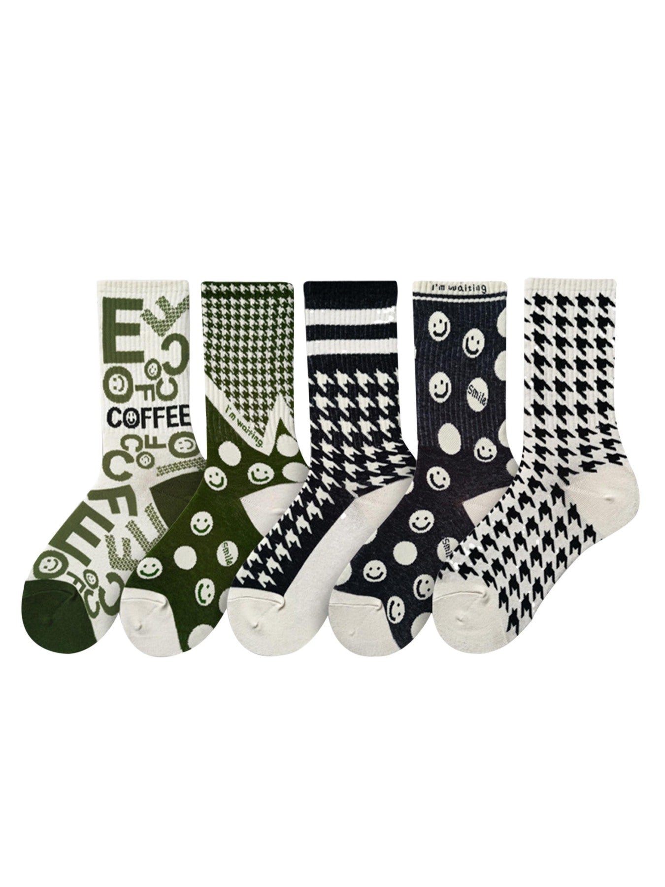 Thousand Birds Check Smiley Face Mid-calf Cotton Socks - 2373