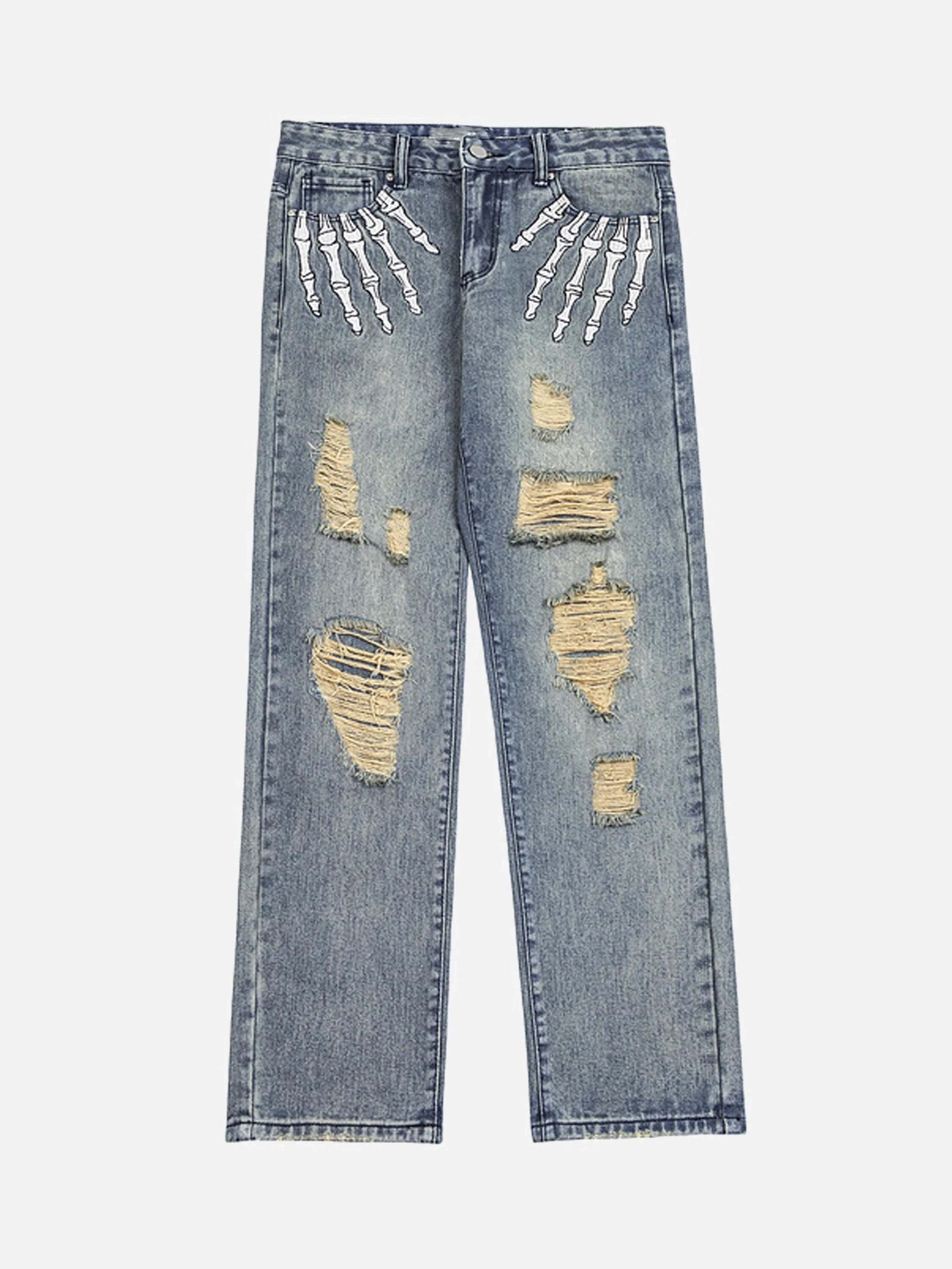 Shredded Skull Finger Print Straight-leg Jeans-2221