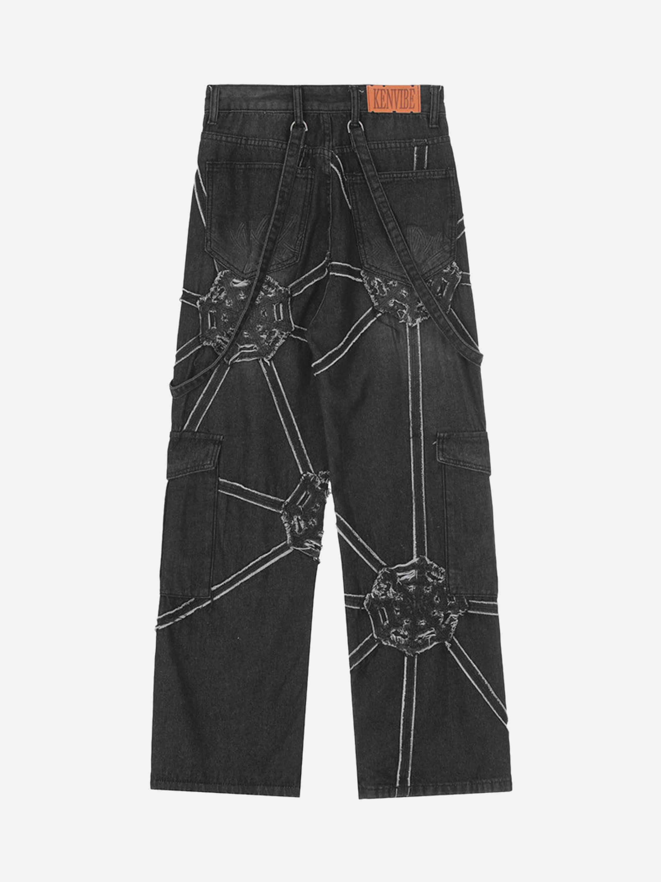 Hip-hop High Street Design Sense Spider Web Denim Straight Leg Pants-2330