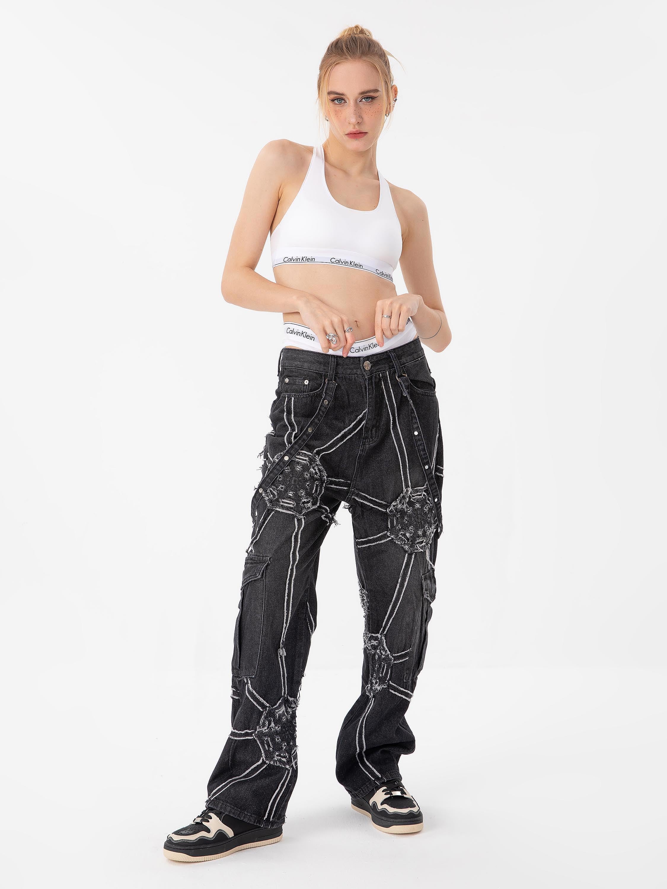 Hip-hop High Street Design Sense Spider Web Denim Straight Leg Pants-2330