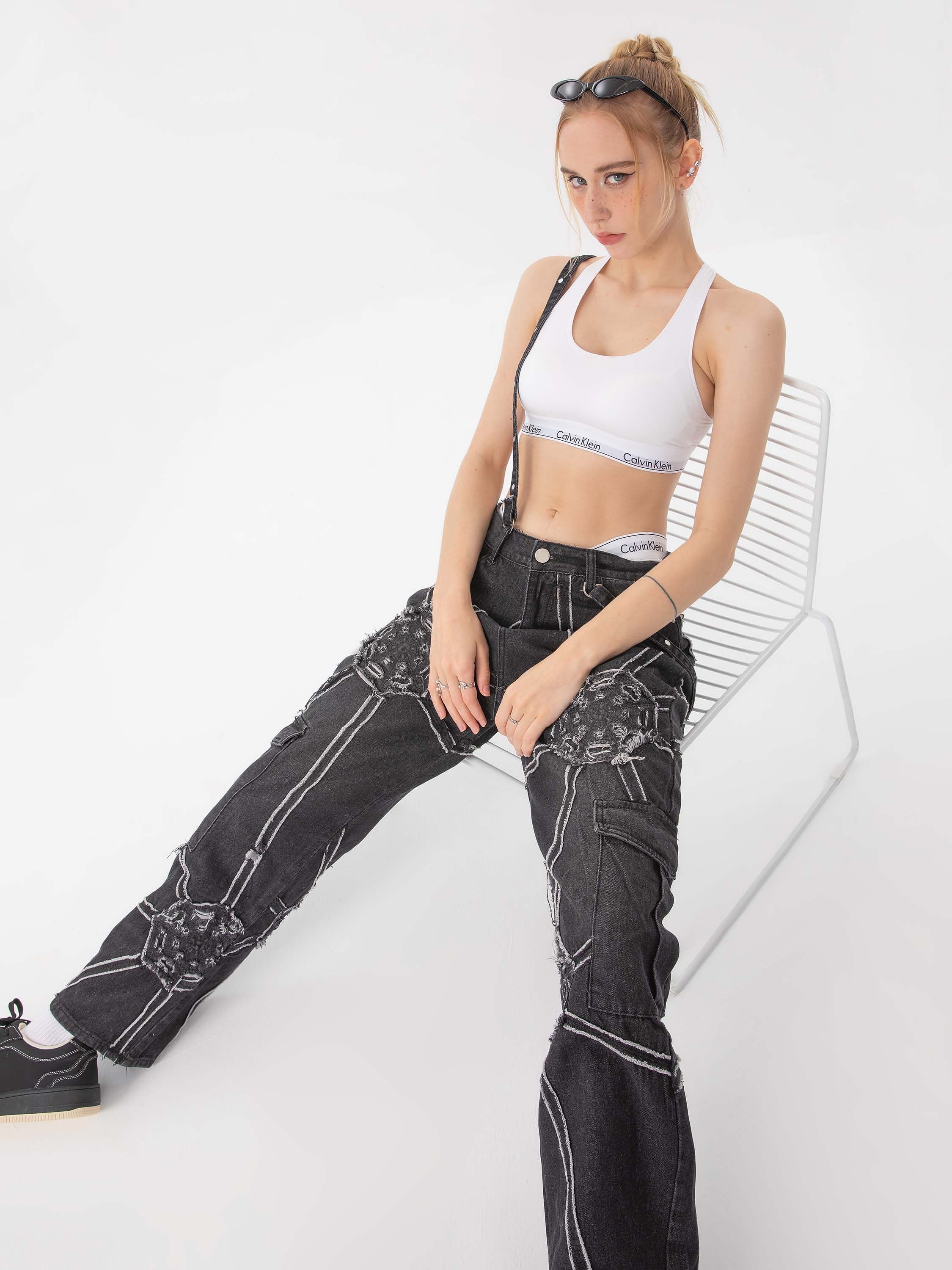 Hip-hop High Street Design Sense Spider Web Denim Straight Leg Pants-2330