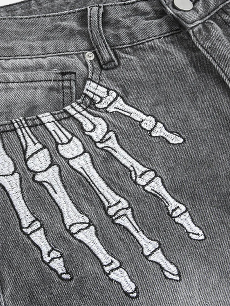 Shredded Skull Finger Print Straight-leg Jeans-2221