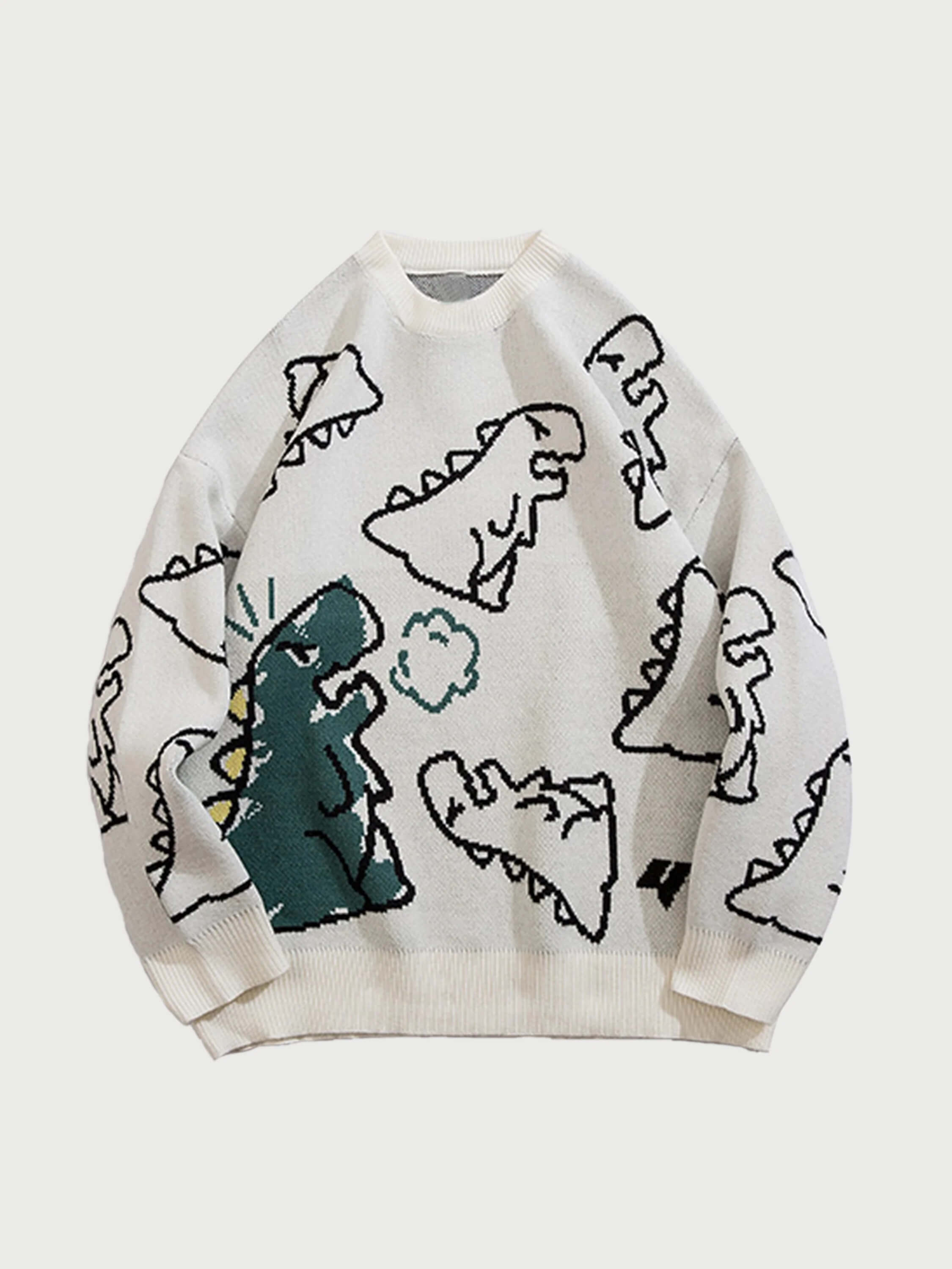 Street Cartoon Dinosaur Full Printed Sweater-2225