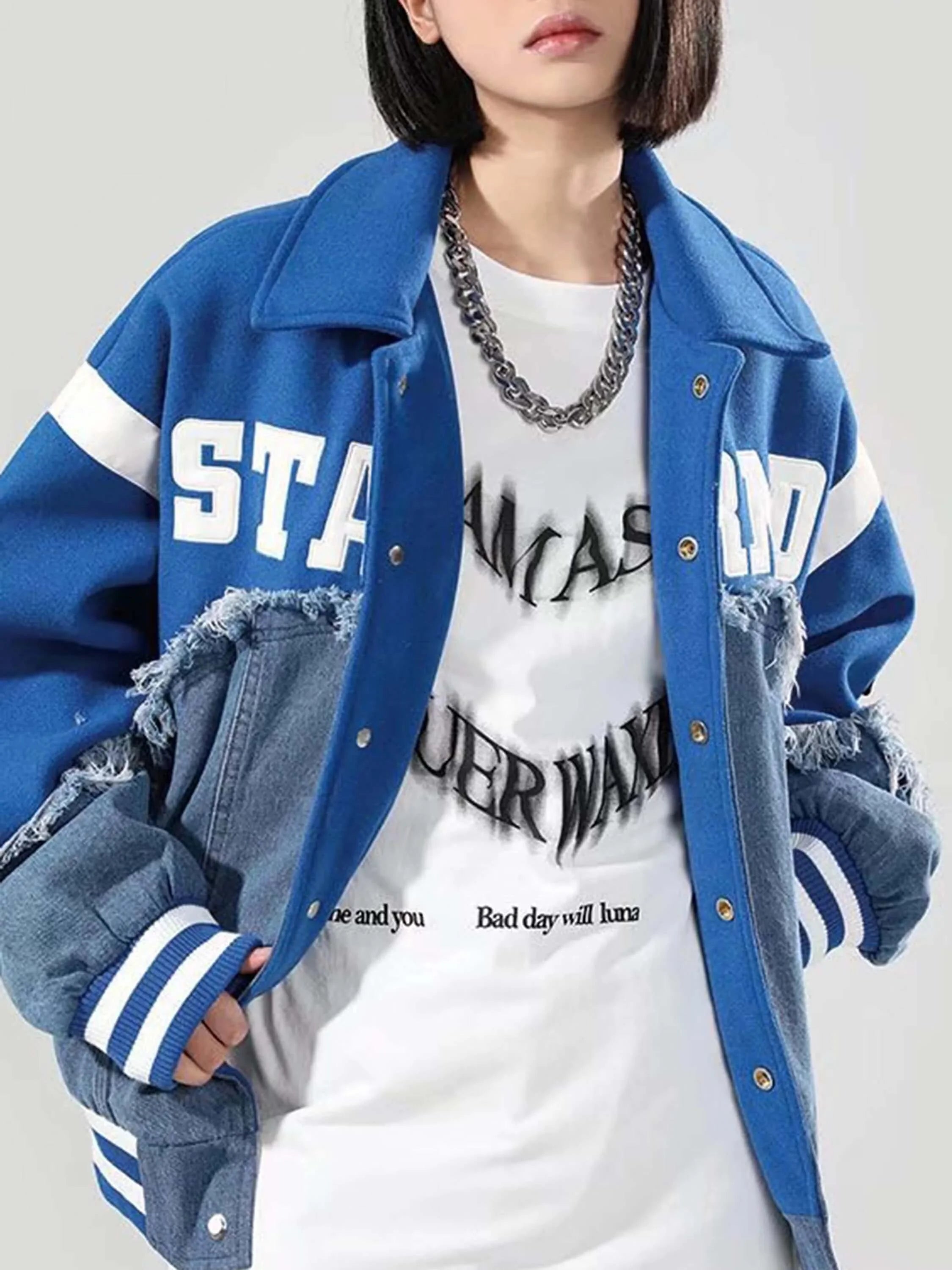 American High Street Denim Fabric Splicing Baseball Jacket Couple-2208