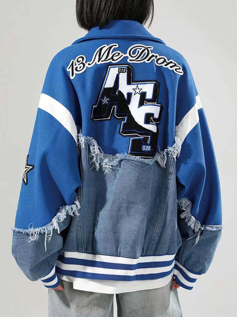 American High Street Denim Fabric Splicing Baseball Jacket Couple