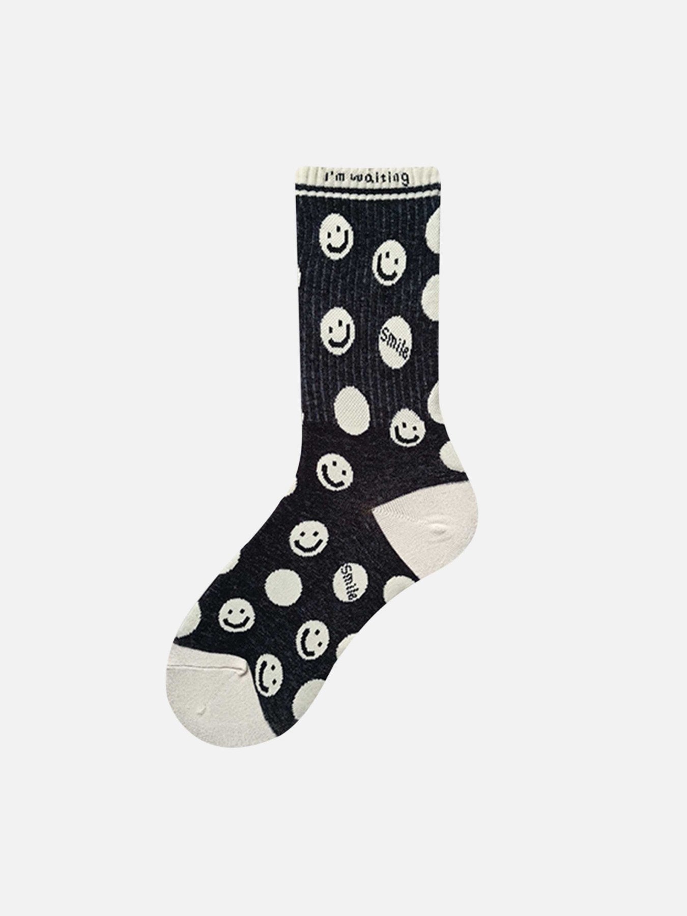 Thousand Birds Check Smiley Face Mid-calf Cotton Socks - 2373