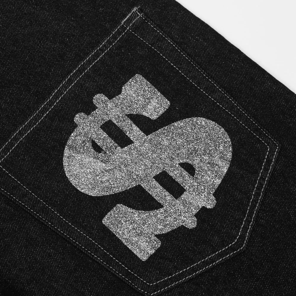 Letter Print Dollar Sign Detail Jeans -2204