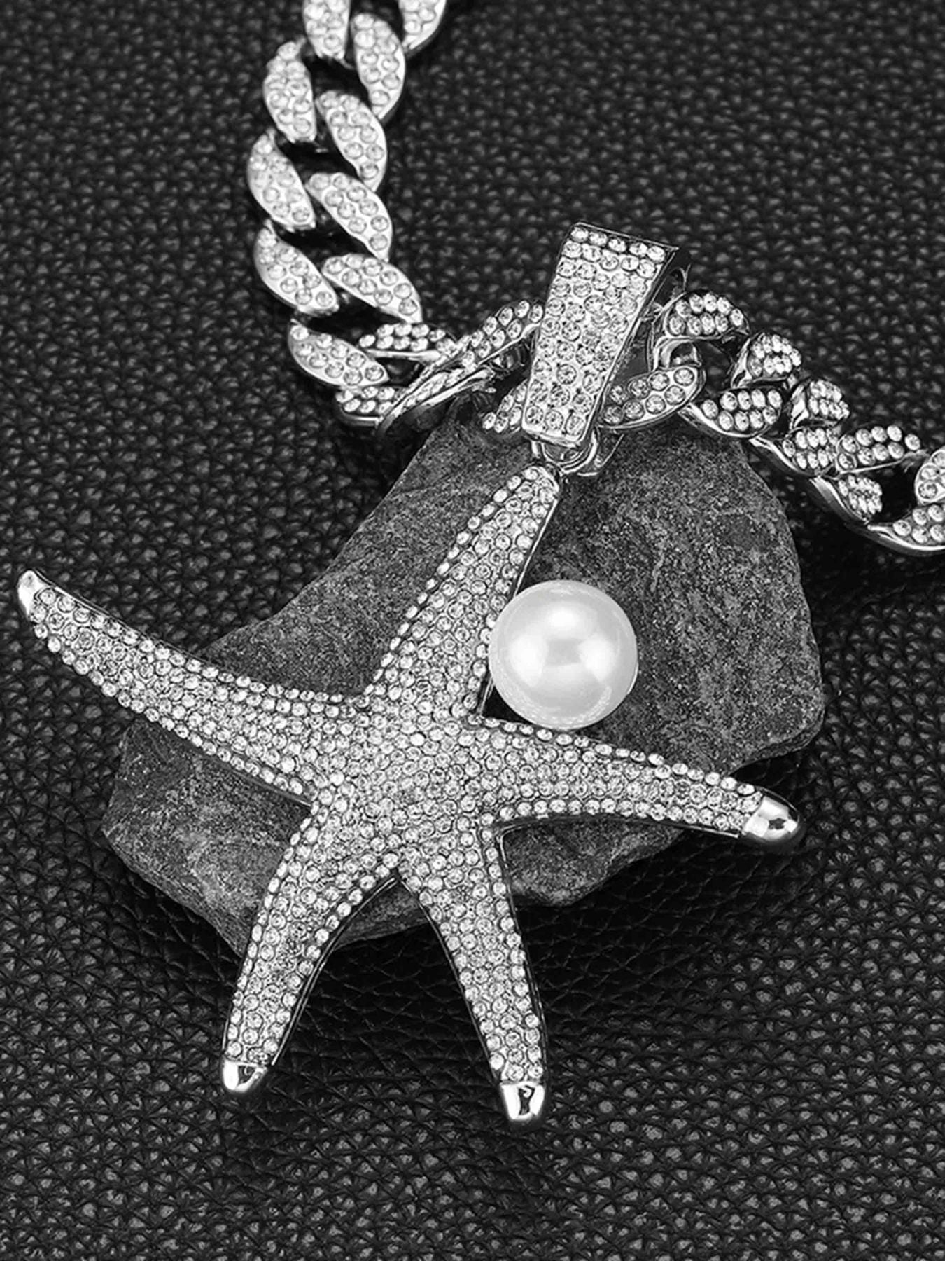 Full Diamond Starfish Pearl Cuban Necklace -2385