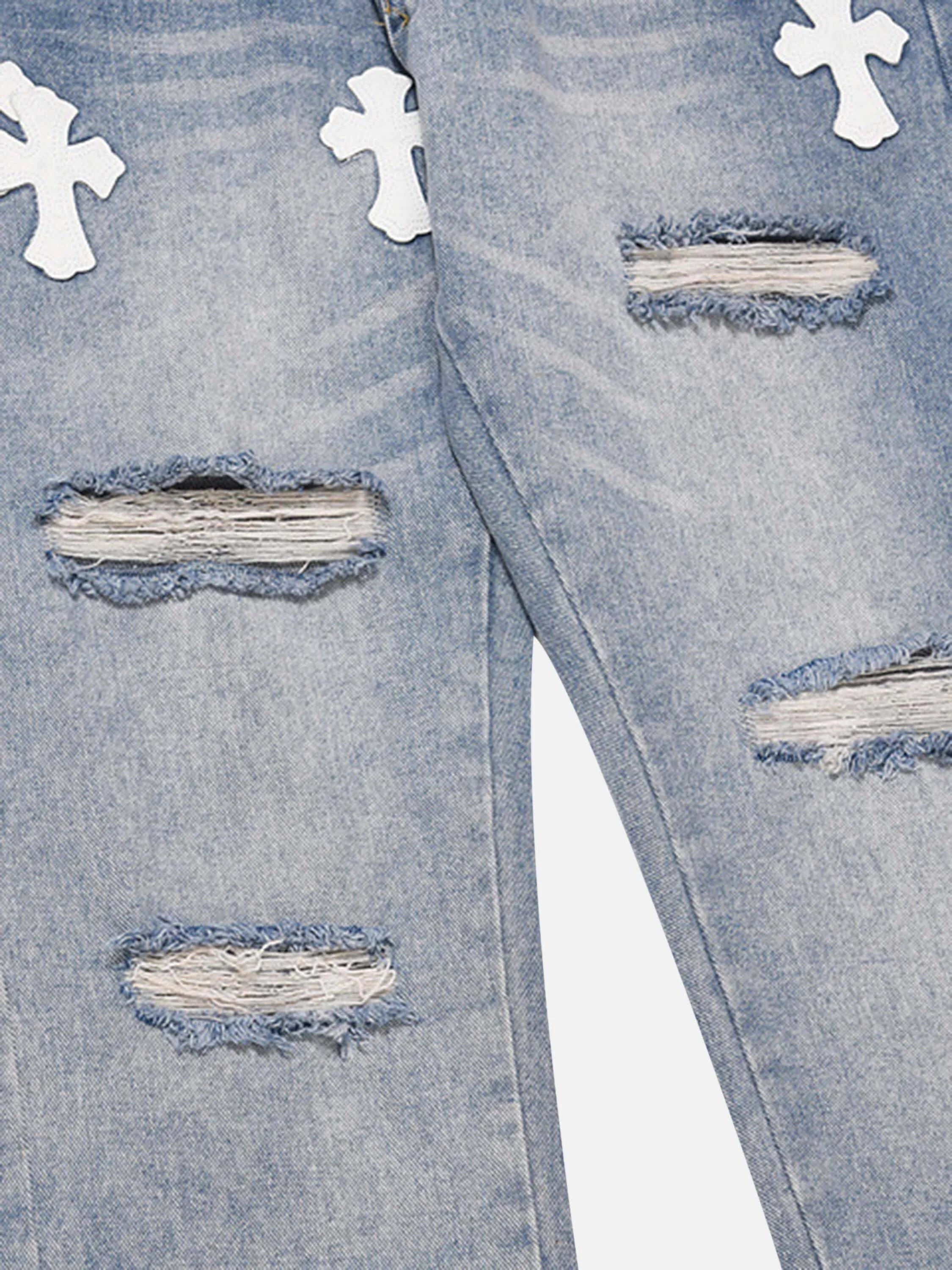 High Street Cross Hole Splash Ink Straight Loose-fitting Jeans-2233