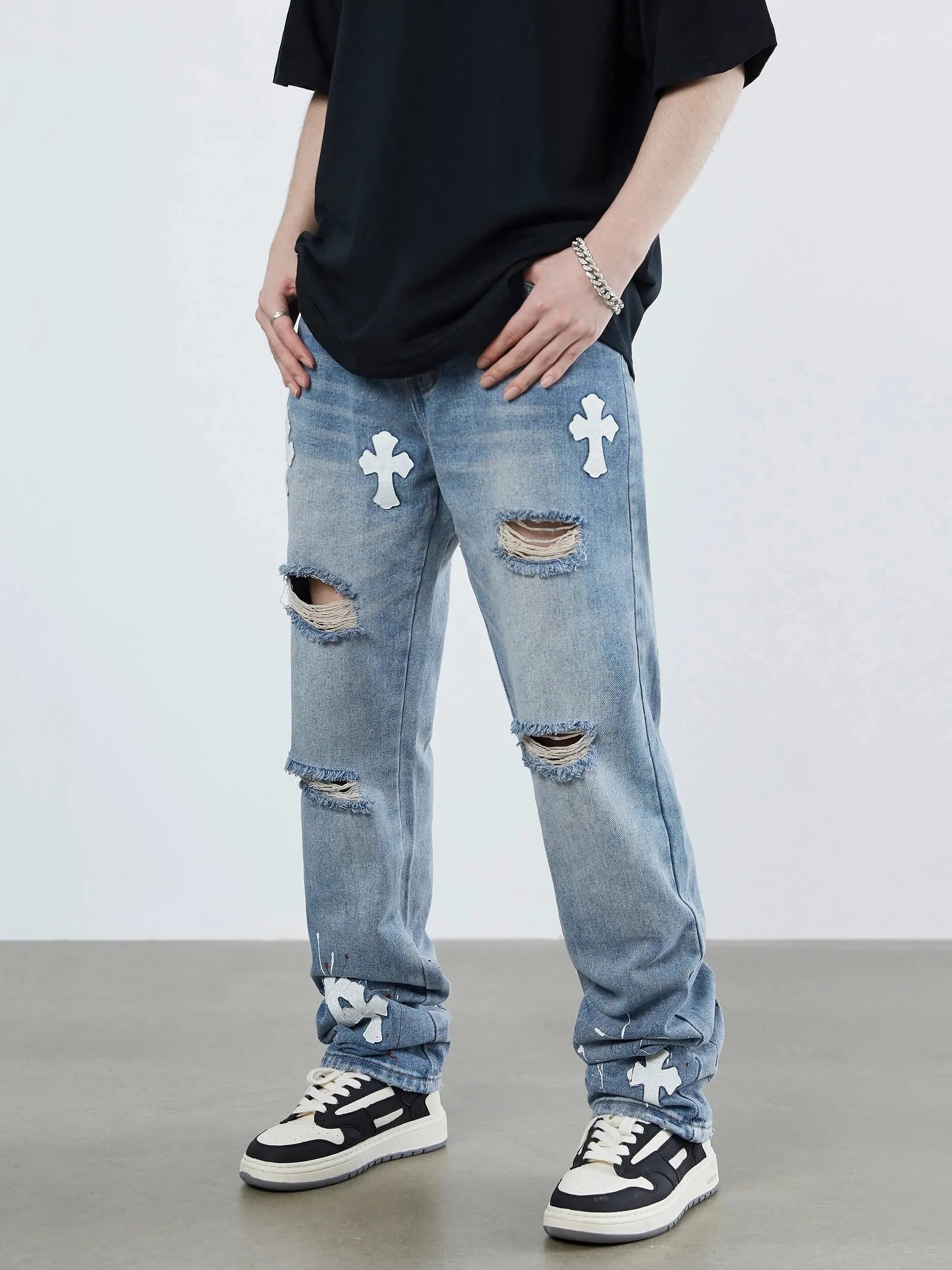 High Street Cross Hole Splash Ink Straight Loose-fitting Jeans-2233