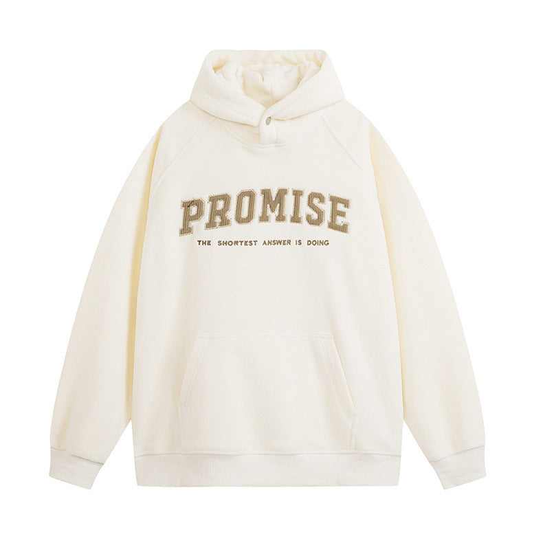 Unisex 'Promise' Letter Print Double-Sided Fleece Loose Half-Zip Sweatshirt