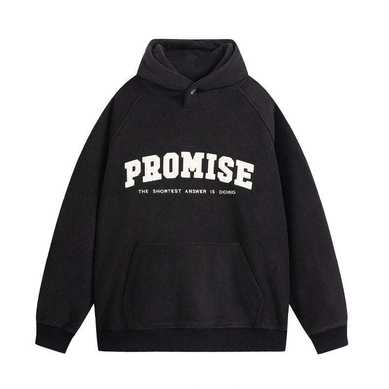 Unisex 'Promise' Letter Print Double-Sided Fleece Loose Half-Zip Sweatshirt