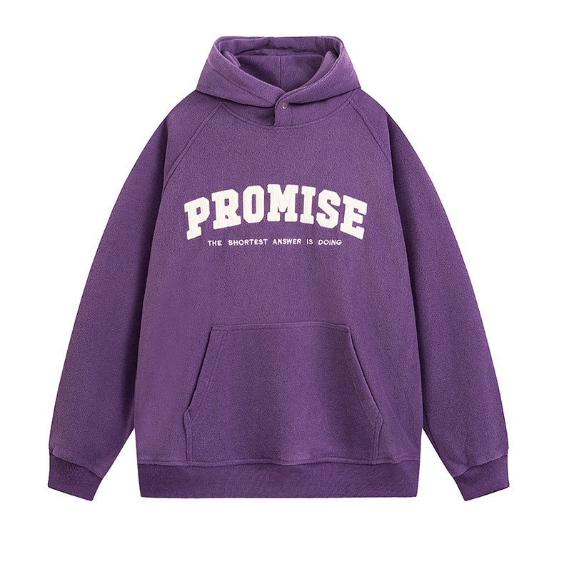 Unisex 'Promise' Letter Print Double-Sided Fleece Loose Half-Zip Sweatshirt