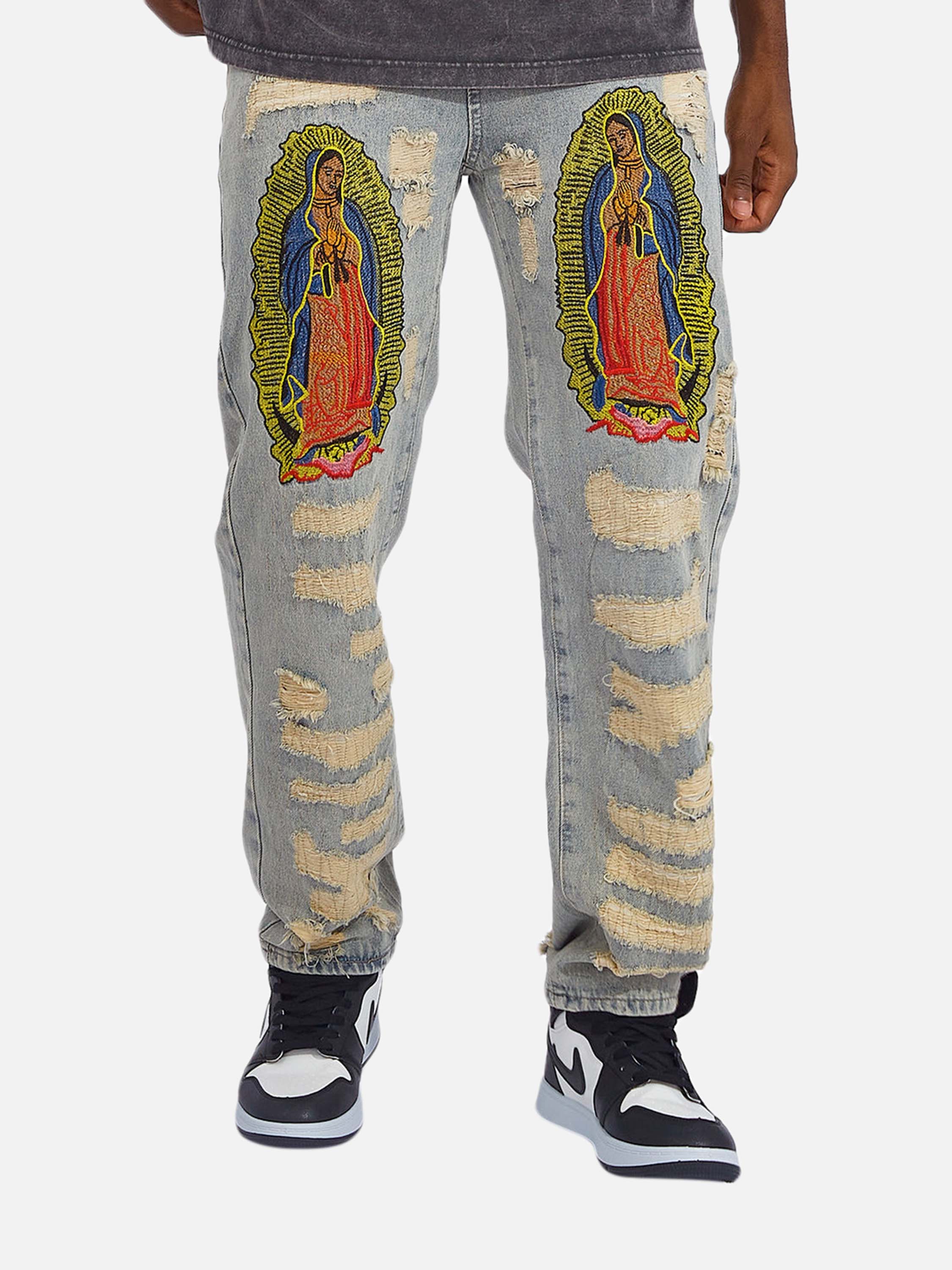 American Street Style Ripped Embroidered Jeans - 2342