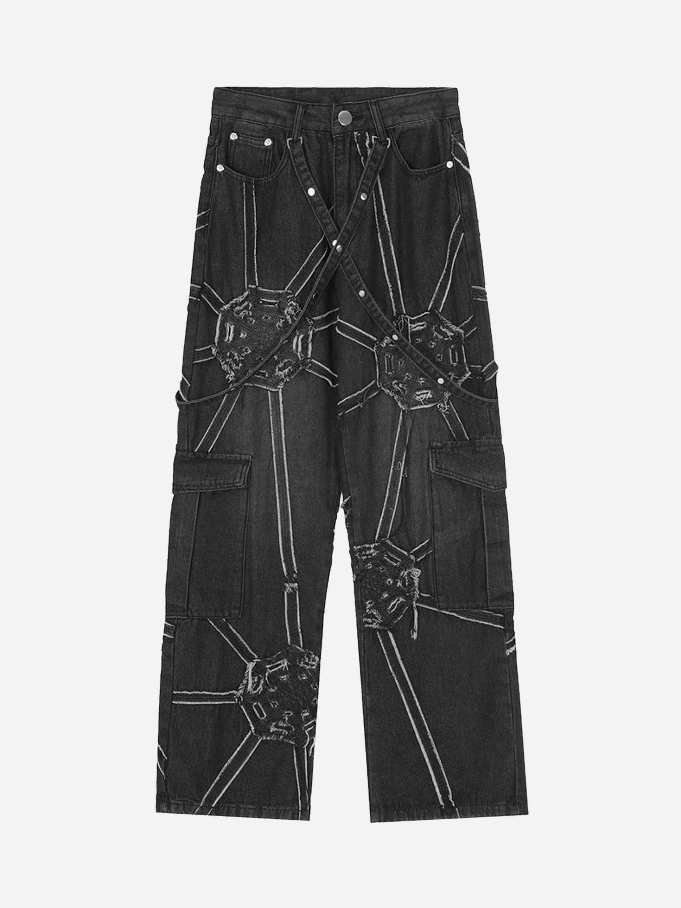 Hip-hop High Street Design Sense Spider Web Denim Straight Leg Pants-2330